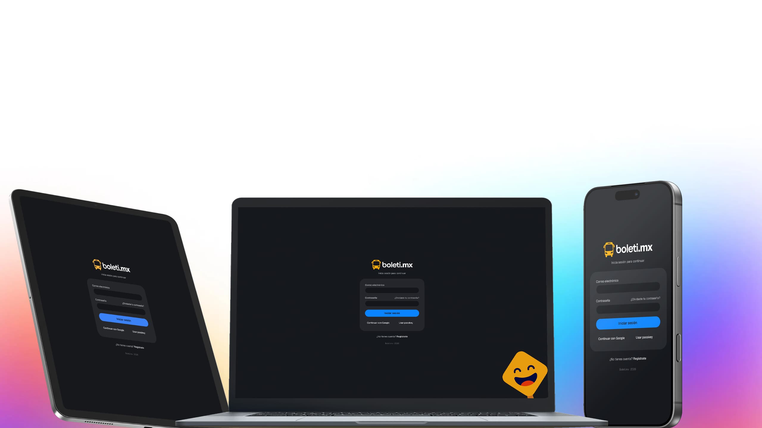 Boleti.mx operando en computadora, tablet y celular — una sola plataforma multidispositivo